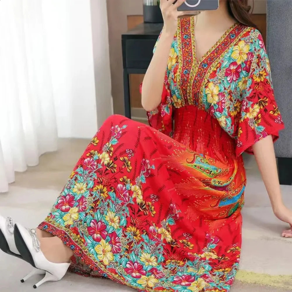 Womens Vneck Short sleeved Dress Elegant Sweet Printed Casual Retro Bohemian Elastic Waist ALine 250319