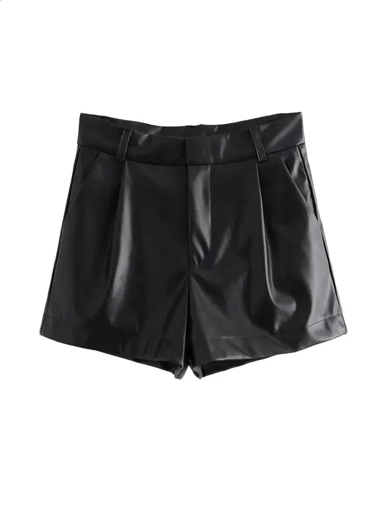TRZA-Womens Faux Leather Shorts with Side Pockets High Waist Zipper Fly Female Short Pants Chic Fashion 250319