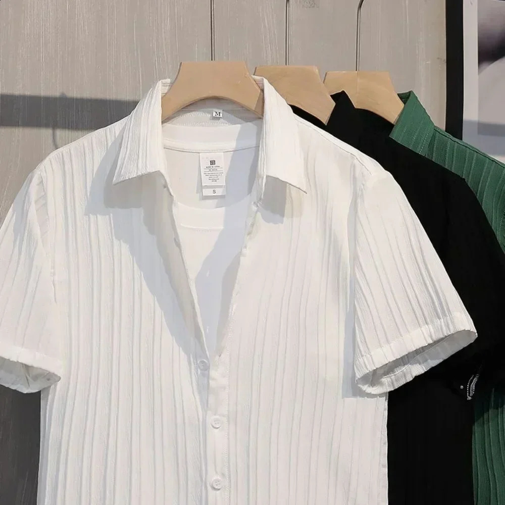 Collar mens summer shirt short sleeved lightweight casual shirt striped Korean style top cool 250317