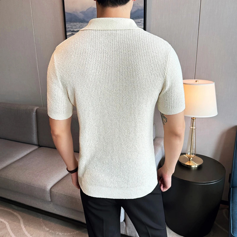 Hollow knit short sleeved T-shirt V-neck brown polo shirt high-end high-quality cool genuine product ultra-thin top 250317