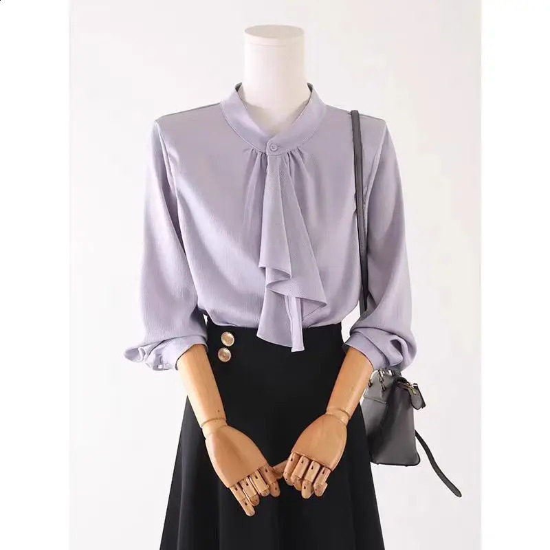 Spring and Autumn Elegant Fashion Scarf Collar Shirt Womens Long Sleeve Warm Solid Color Full Match Top Button 250319