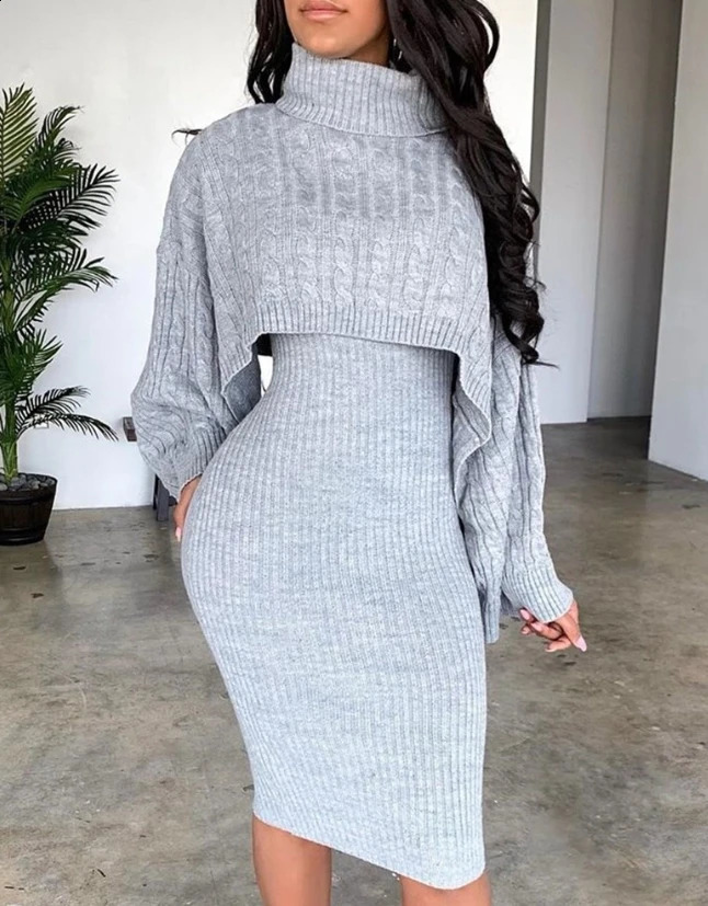 Womens Sweater Set Autumn/Winter Style Solid Turtle Neck Ribbed Sweater and Knitted Belt Dress Set Matching Set 250318
