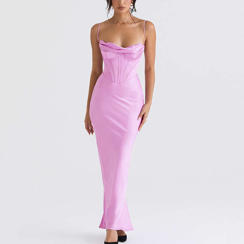 Sexy Women's Dress New Sexy Pile Up Collar Satin Fishbone Pleated Suspender Long Skirt