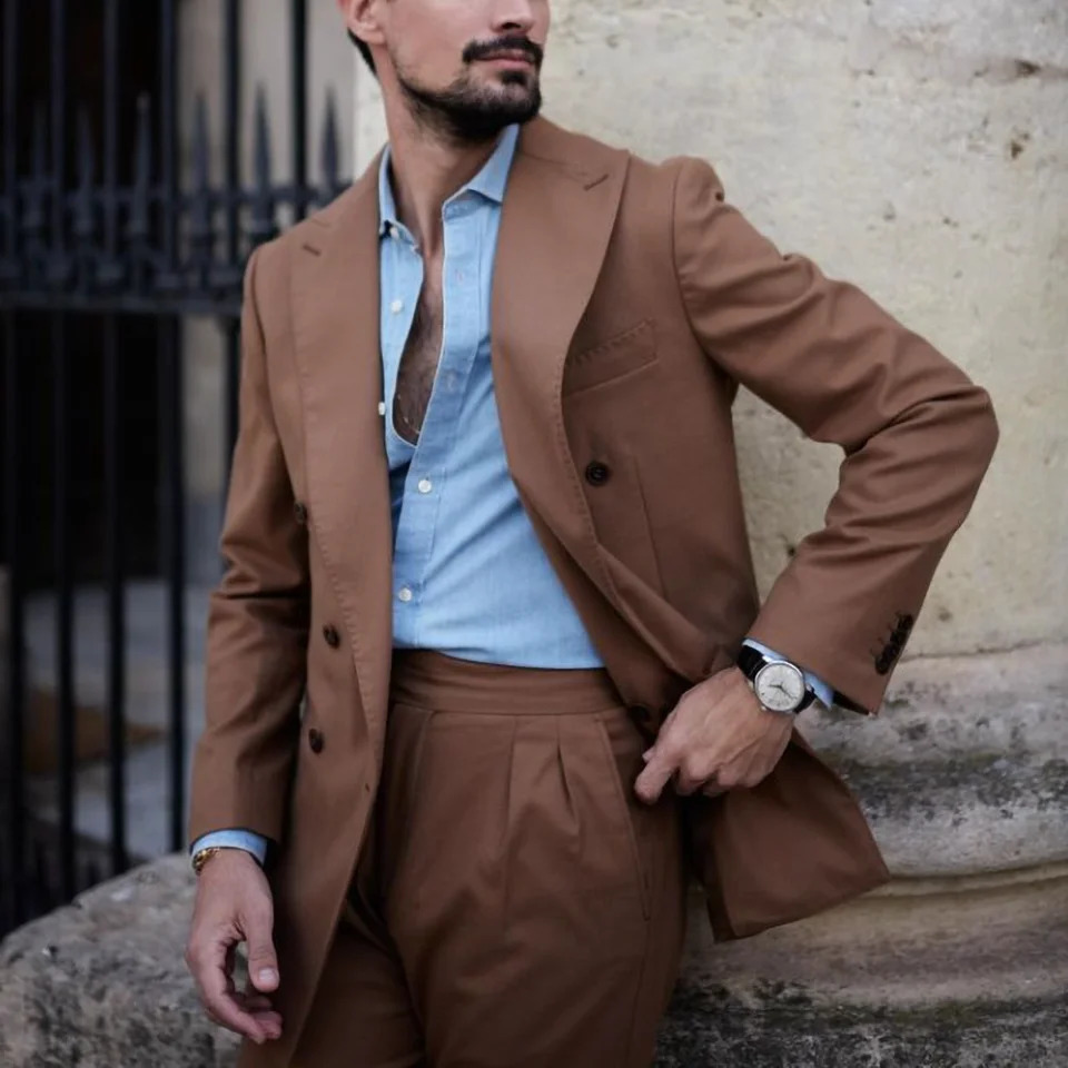 Formal Lapel Double Breasted Men Suits Brown Fashion Business Casual Prom Male Suit Slim Fit Party Wedding Tuxedo 2 Piece 250311