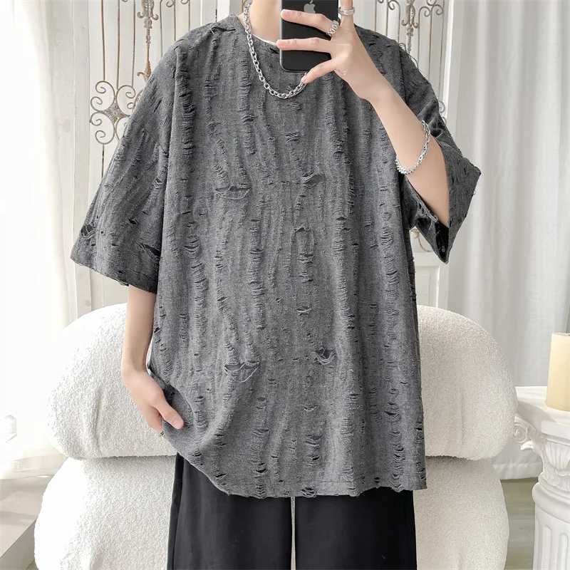 Summer fashion casual hole short sleeved mens T-shirt 2023 O-neck loose casual T-shirt mens clothingT250318