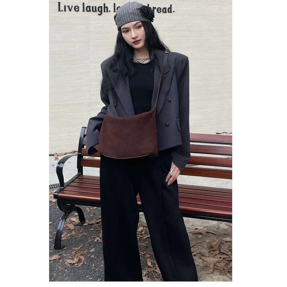 Women Niche Suede Pouch Underarm Bags Retro Matte Cowhide Shoulder Crossbody Handbag Trendy Bag