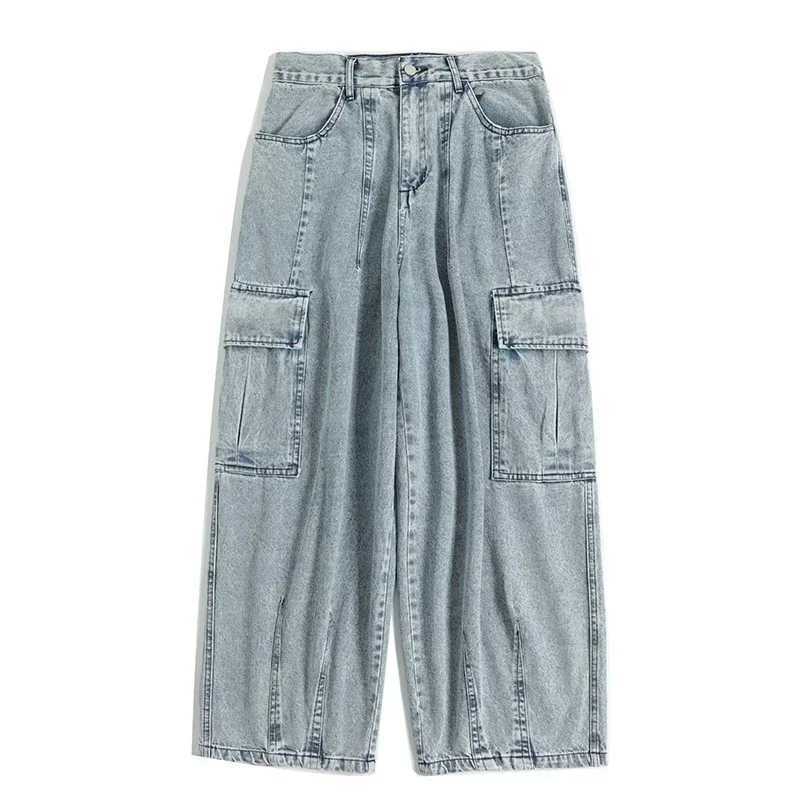 2024 new black pocket jeans mens oversized Korean fashion goods wide denim pants street clothing Y2k pants mens sports pantsT250319