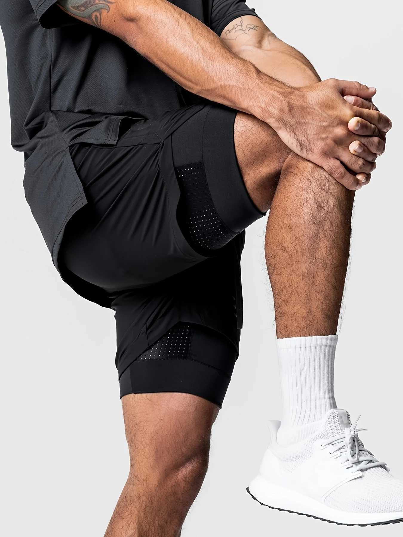 Sports shorts for men double layered quarter quick drying elastic basketball running training equipment deep squat fitness W250319