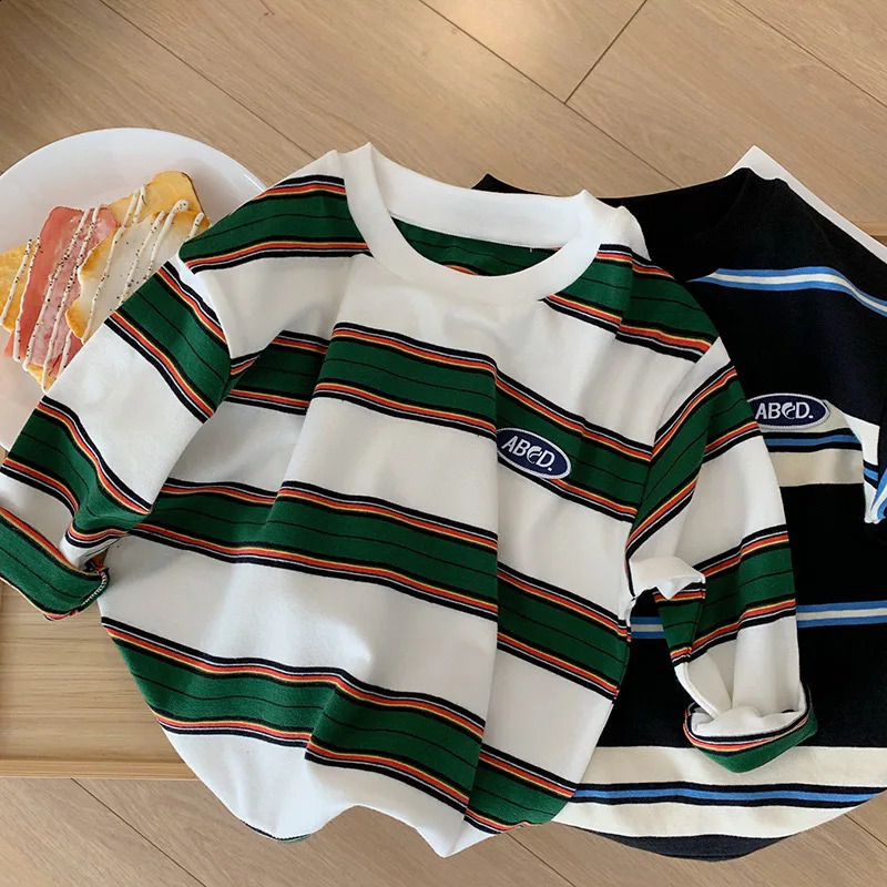 2025 Spring Autumn Kids Boys T-shirts Cotton Striped Loose Sticker Casual Long Sleeve Baby Girls Shirts Toddler Boys Tops 250319