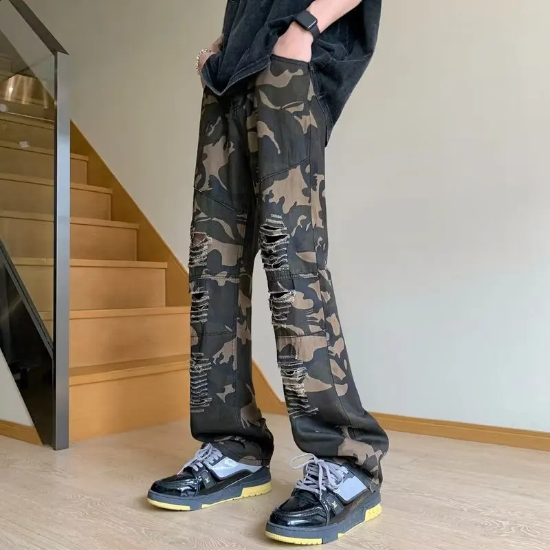 camouflage bag wide leg torn cargo Y2K mens clothing straight hip-hop pants Pantalon Homme 250317