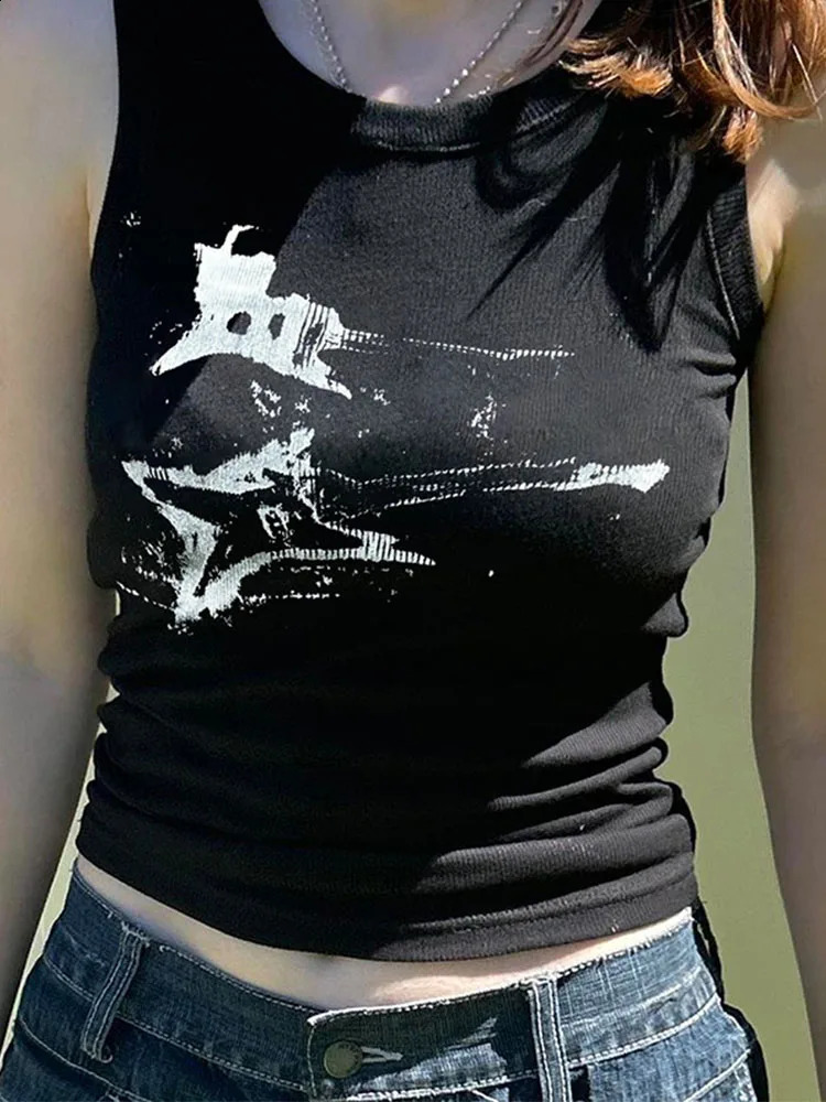 Guitar print sleeveless vest top Y2K casual rib womens Grunge crop Harajuku fashion Tshirt 90s street set 250319
