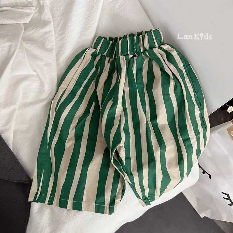 Vintage Black/green Stripe Little Boys Pants Spring Fall Cotton Breathable Kids 7 Points Pants Children Trousers with PocketsT250318