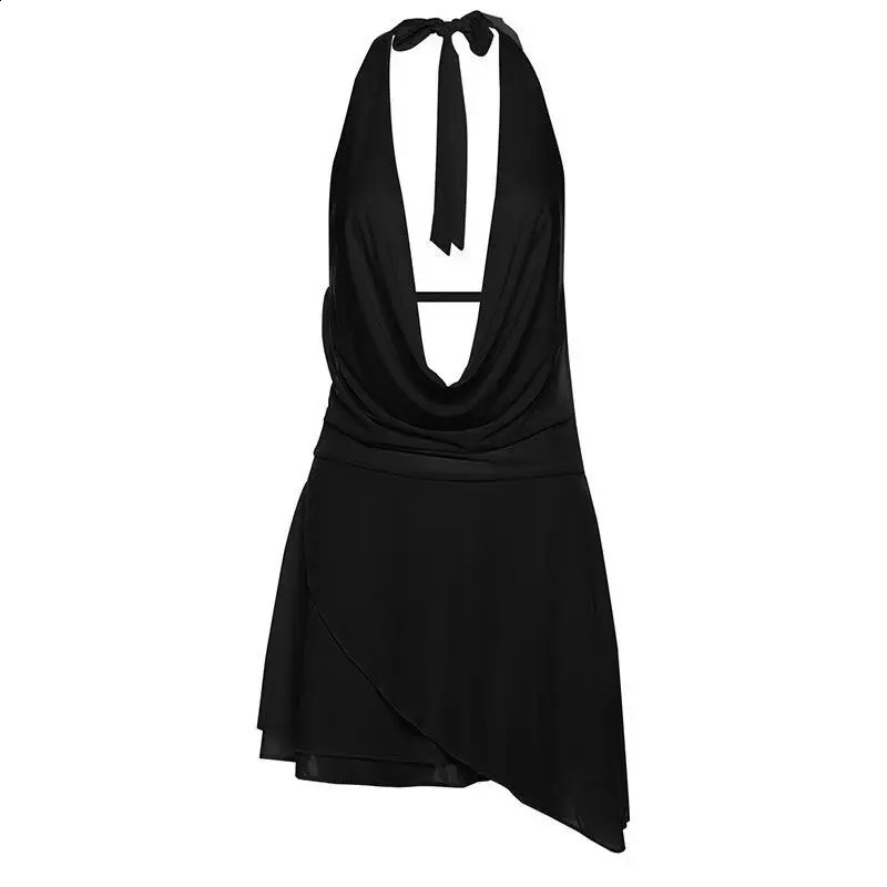 French black dress sexy swim collar sleeveless red beach club backless short skirt 250319