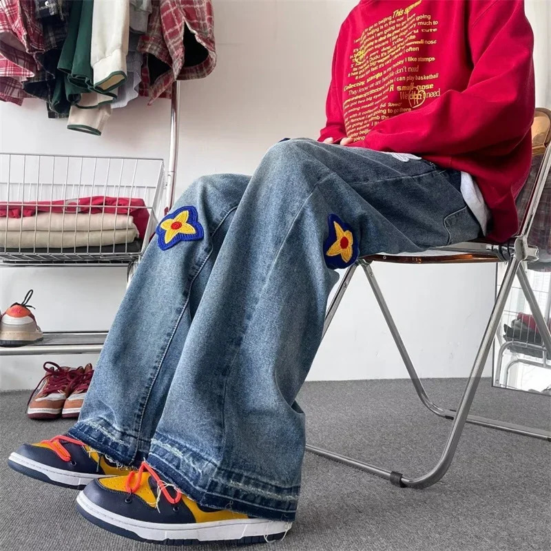 Autumn Y2K vintage floral embroidered jeans for men hiphop fashion bagged denim pants women streetwear blue straight 250319