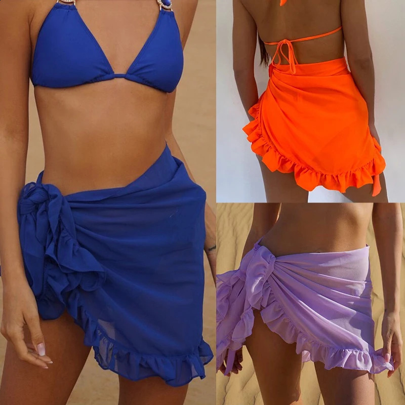 Women Chiffon See-Through Beach Bikini Cover Up Wrap Scarf Swimwear Pareo Sarong Dress Solid Ruffle Casual Beach Dress Decorate 250313