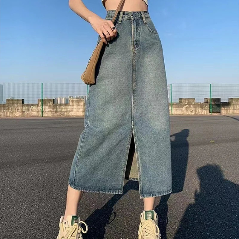 Summer High-waist Slit Denim Skirt For Women Washed Retro A-line Skirt Hip-covering Straight Long Skirt 250317