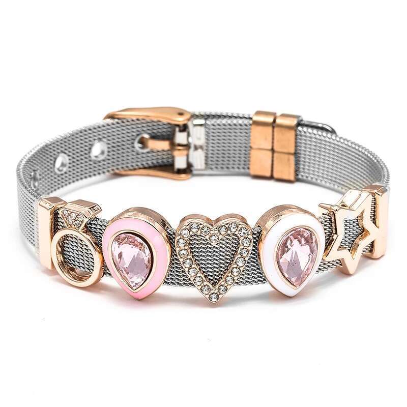 Crystal Heart Crown Beads 10mm Stainless Steel Mesh Bracelets Charm Keeper Bracelets Bangles For Women Mother Fashion Jewelry