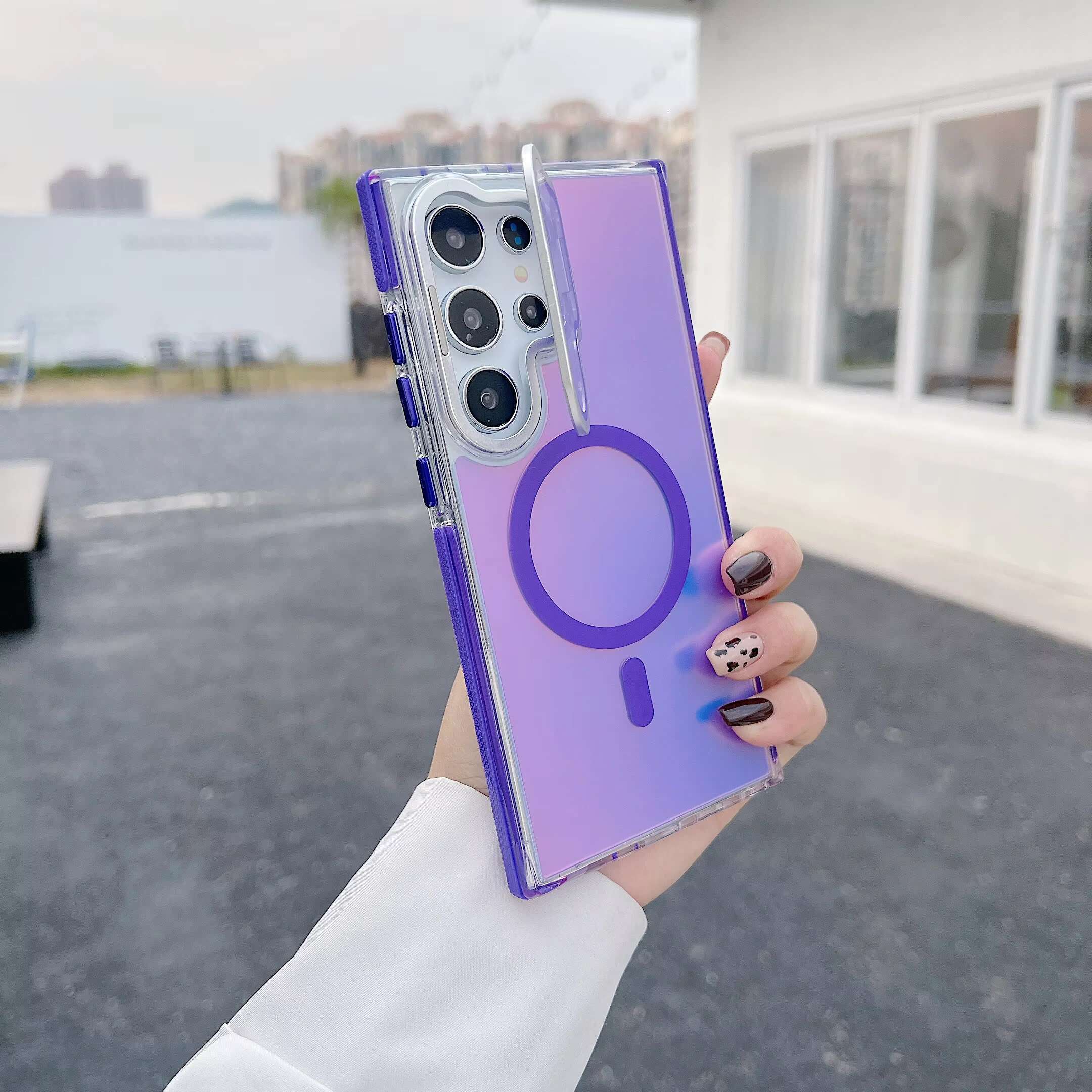 For Samsung S24 Ultra S24+ and Other Series Chameleon Design Wireless Charge Magnetic Shockproof Phone Case With Camera Stand