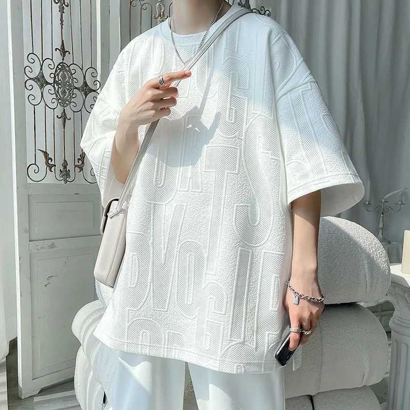 Summer casual Waffle T-shirt mens 3D letter printed short sleeved oversized mens breathable high-quality T-shirt topT250318