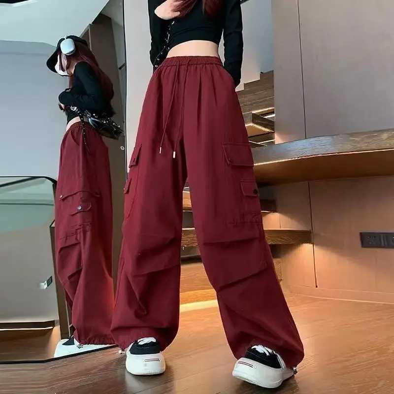 Retro Casual Womens Streetwear Oversize Sweatpants Hip-Hop Y2K Cargo Pants Chic Red Jogger Pants New In Lady Wide Leg TrousersT250318