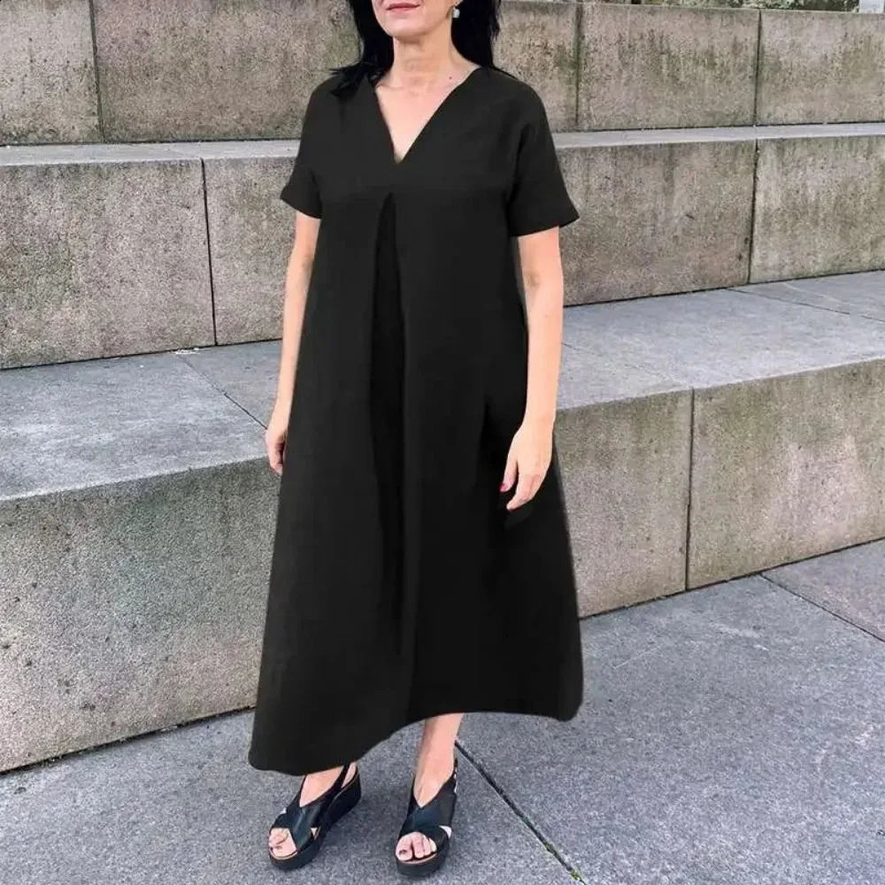 Womens L5XL plus size spring summer loose cotton linen short sleeved fashionable dress Vneck solid color casual 250319