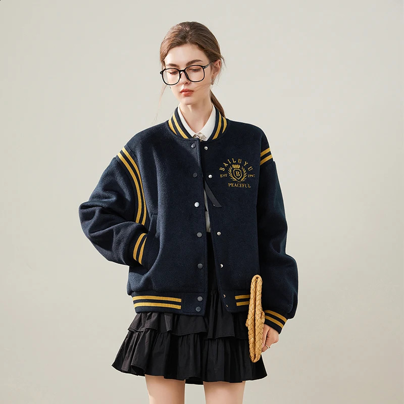 Retro school team jacket womens loose baseball retro ed letters thick wool blend casual streetwear 250317