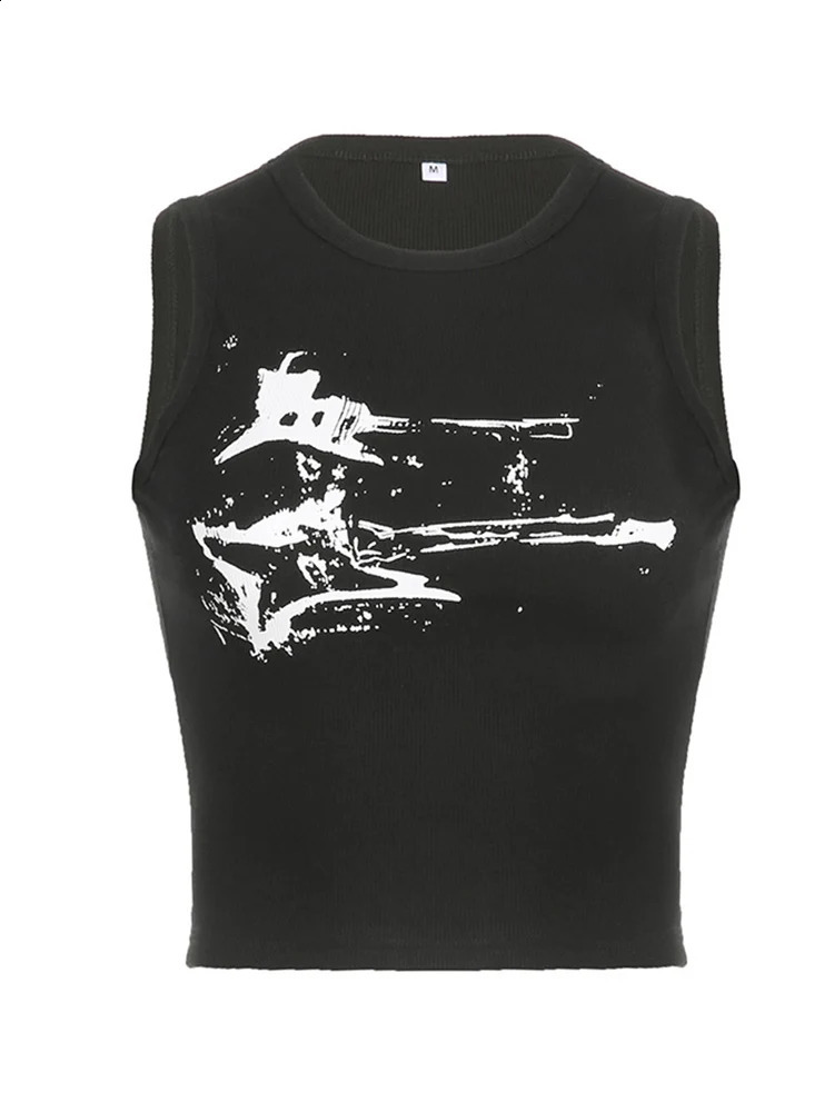 Guitar print sleeveless vest top Y2K casual rib womens Grunge crop Harajuku fashion Tshirt 90s street set 250319
