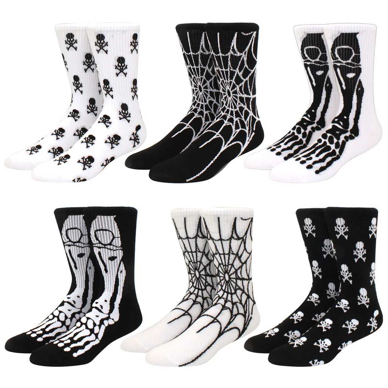 1 pair of mens hip-hop spider skull personalized skateboard socks X250319