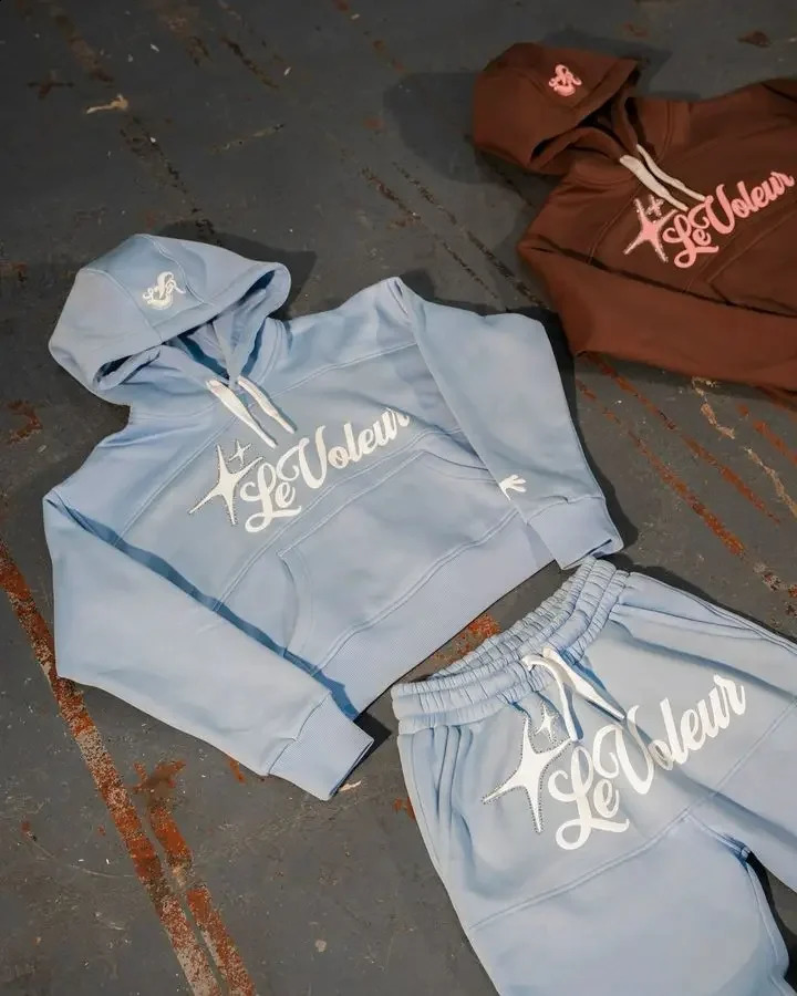 European and American High Street Retro Clothing Simple Oversized Hoodie Ports Suit Printed Solid Color High-waisted Sweatpants 250319