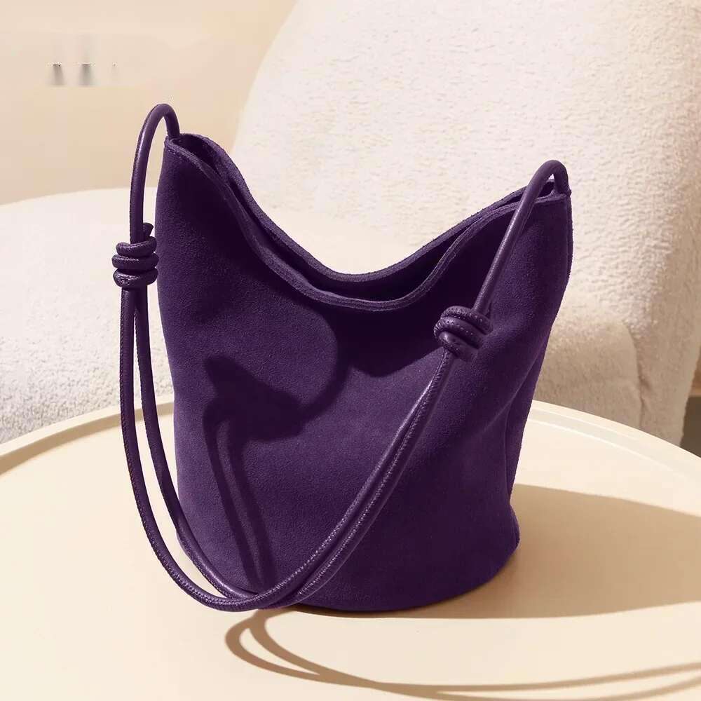 Suede Leather Handbag Women Mini Bucket Tote Strings Shoulder Vintage Bags Winter Daily Commuting Purses