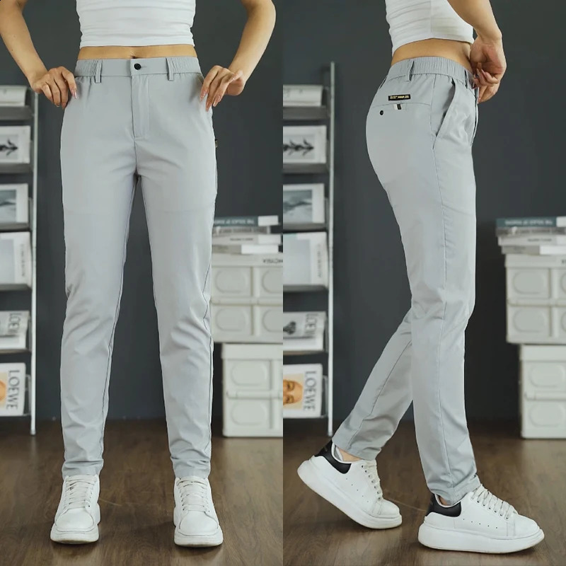 2025 Business Ice Silk Pants Straight Elastic Waist Black Grey Trouser Breathable Simple Mens Clothing Casual Set 250311