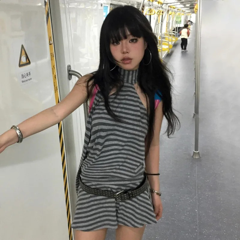 Karrram Y2k Aesthetics Halter Dress Japanese 2000s Style Grey Striped Short Dress Vintage Harajuku Backless Mini Dress Grunge 250319