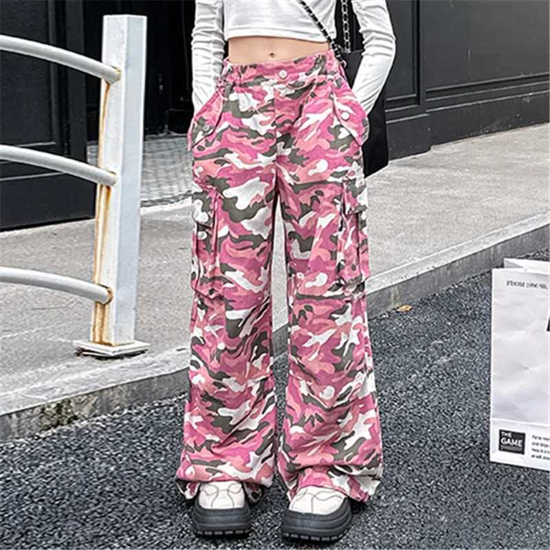 Korean Child Pink Camouflage Cargo Pants Spring Autumn Teen Girl Casual Elastic Waist Pocket Trousers Teenager Street Wear PantsT250318