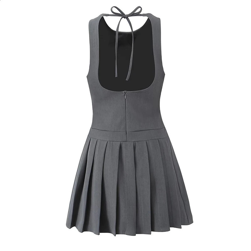 2025 Women Sexy Backless Black Gray Tank Dress Low Waist Pleated Hem Aline Short Summer Dresses High Street Robe 250319