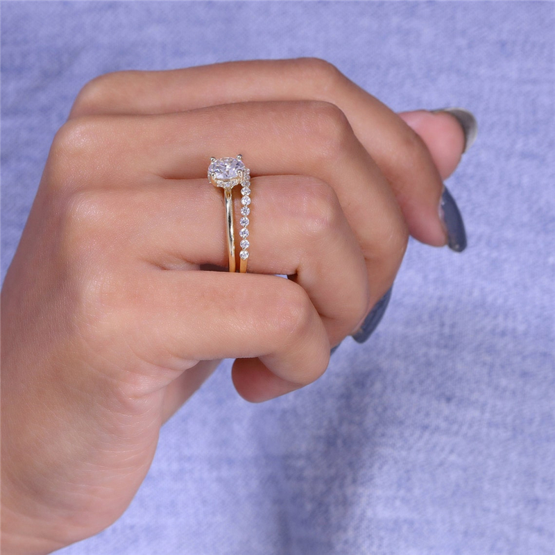 Jewelry 1.00 CT Round IGI Lab Grown Diamond Bridal HPHT Ring Set Real Yellow Gold Round Diamond Hidden Halo Ring Engagement Ring For Women
