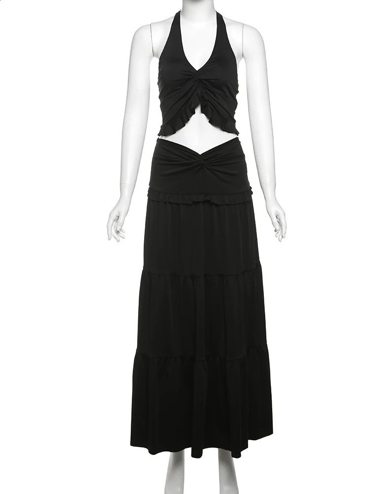Nibber Vacation 2 Piece Set Women Halter Backless Crop CamisoleElastic Waist Ruffles Long Skirts Ruched Elegant Street Suits 250318