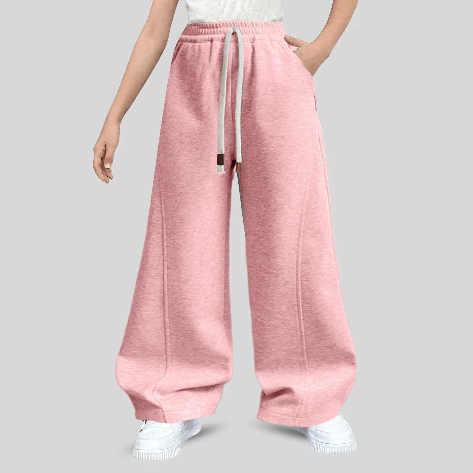 Girls straight sports pants sewn high waisted loose jogging pants with pockets girls sparkling pantsT250318