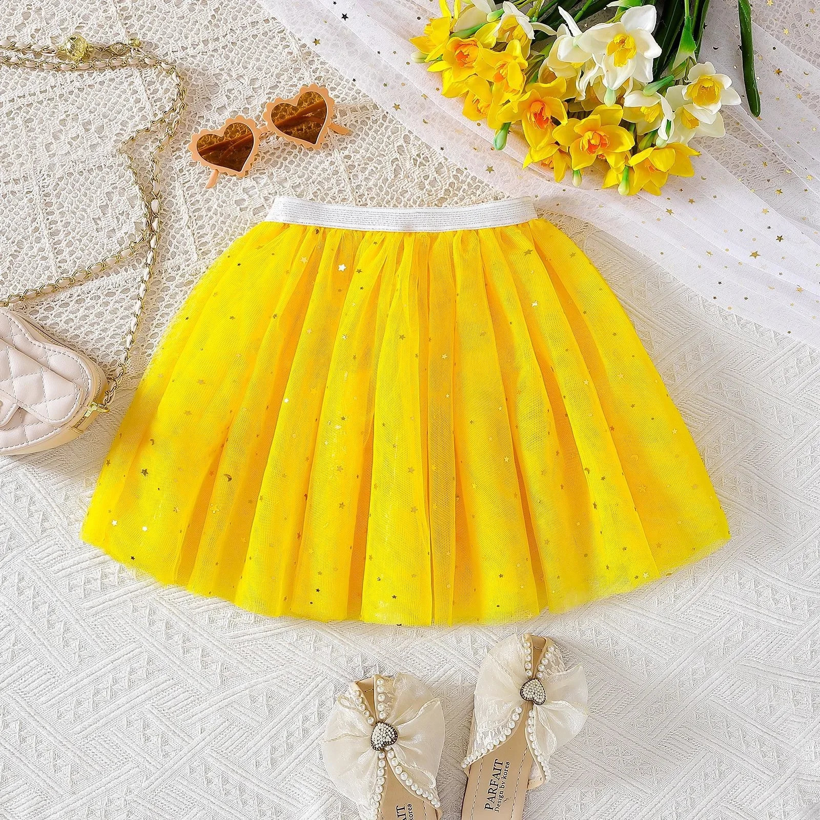 2025 Girls Tulle Star Short Kids Tutu Skirt Children Fancy Ballet Dancewear Party Costume Ball Gown Mini Skirt Yellow 2-8Y 250319
