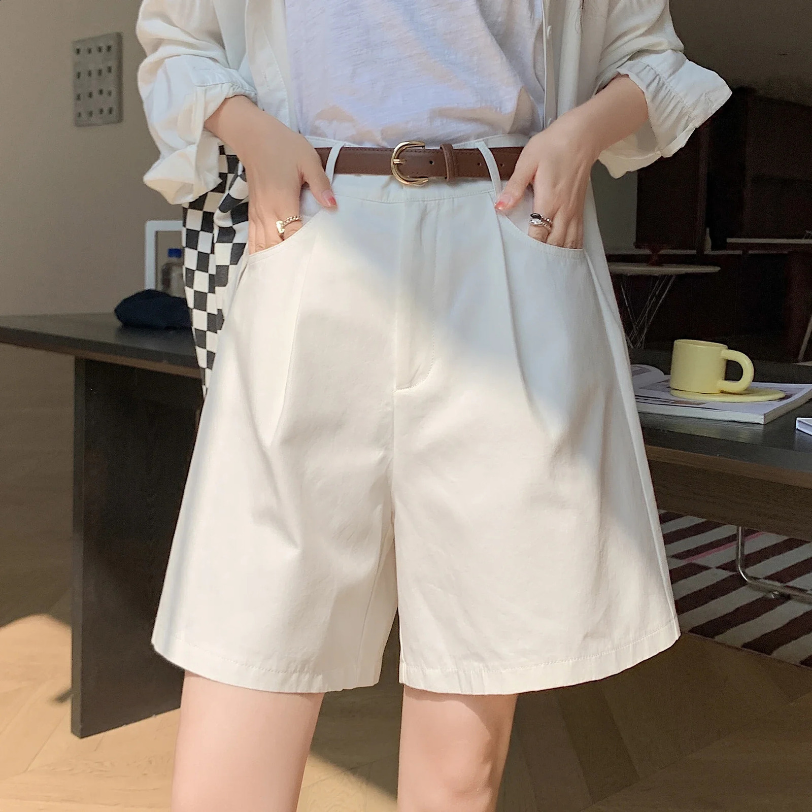 High Waist Summer Cotton Linen Womens Workwear Cargo Shorts Casual Loose Wide Leg Pants Fashionable Short Pants 250318