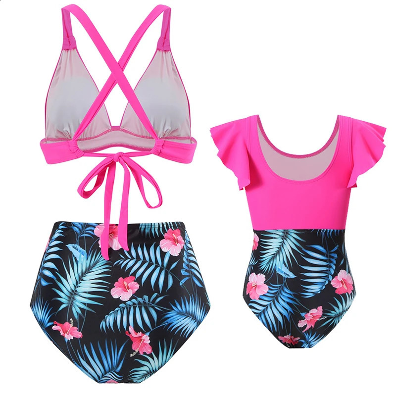 Mother Daughter Matching Swimsuits Family Set Ruffled Mommy and Me Swimwear Flower Fashion Women Girls Bikini Dresses Clothes 250319