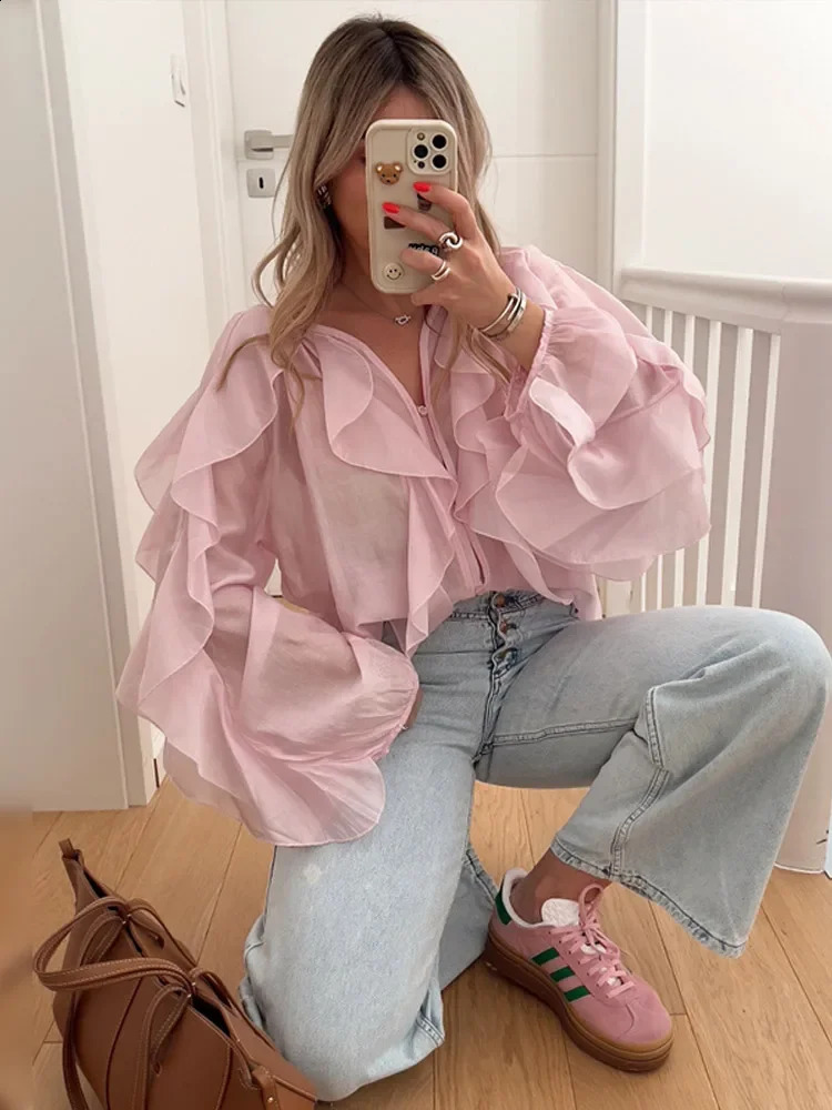 mesh pleated fringe patch work shirt womens fashionable pink V-neck lantern sleeve top summer loose high street outfit 250318