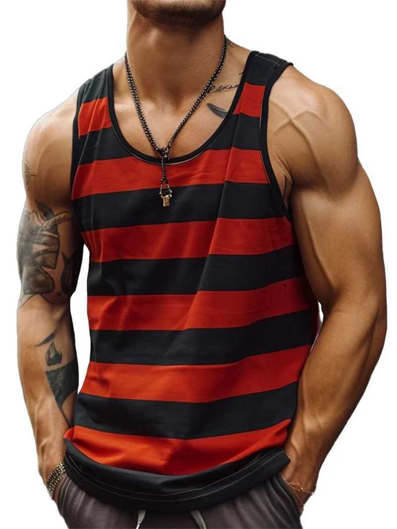 Retro striped graphic tank top mens fashionable casual summer sleeveless 3D printed vest loose crew collar quick drying sports T-shirtT250318