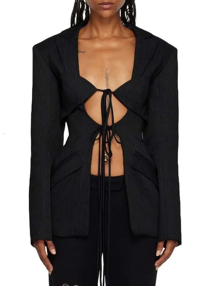 Hollow Out Irregular Blazer For Women Notched Collar Long Sleeve Patchwork Lace Up Temperament Blazers Female New