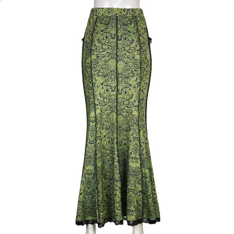 Darlingaga Vintage Fashion Elegant Green Trumpet Long Skirt Graphic Printed Lace Trim Y2K High Waist Skirt Women 2000s Aesthetic 250313