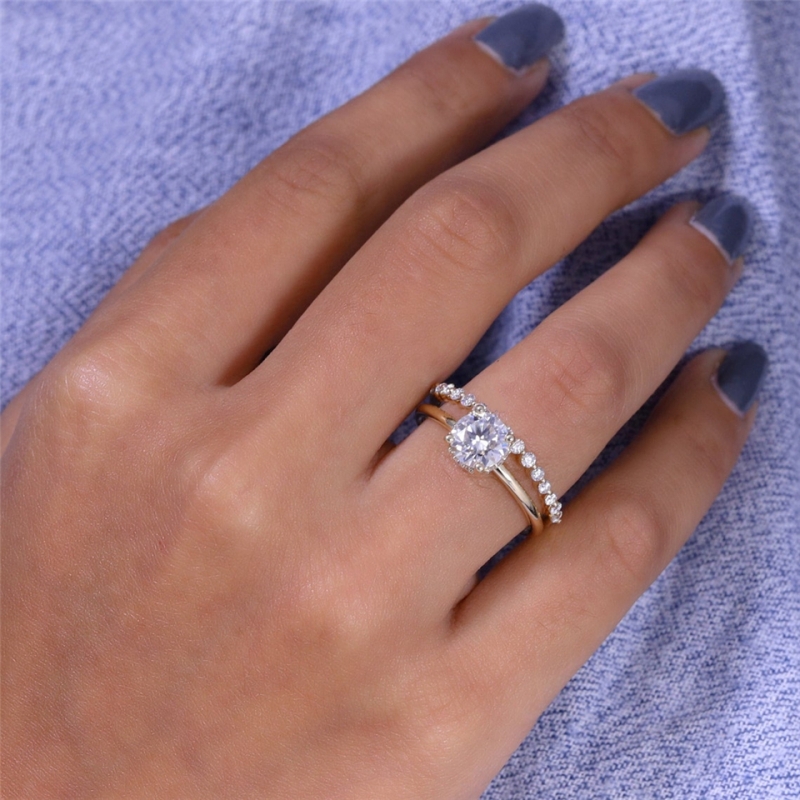 Jewelry 1.00 CT Round IGI Lab Grown Diamond Bridal HPHT Ring Set Real Yellow Gold Round Diamond Hidden Halo Ring Engagement Ring For Women