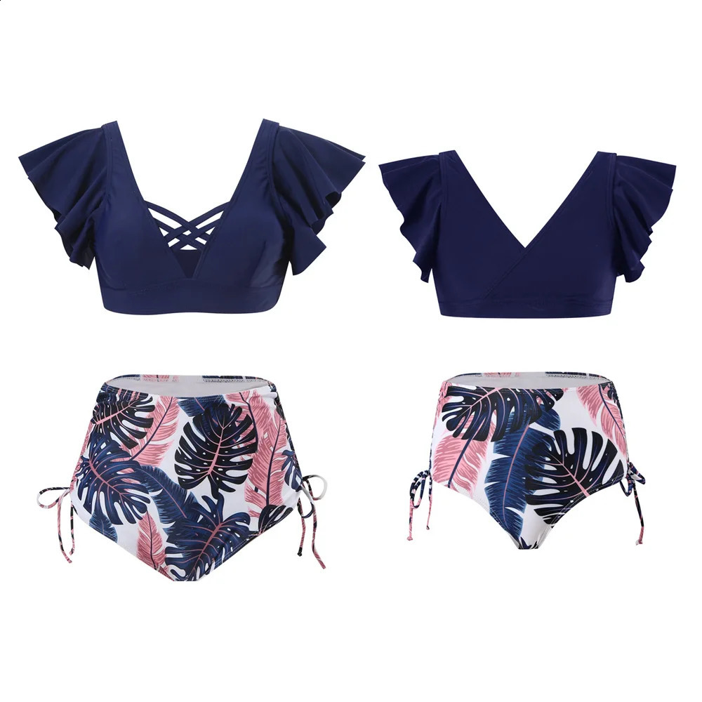 Ruffled Mother Daughter Matching Swimsuits Family Set O-Neck Mom Baby Mommy and Me Bikini Clothes Leaves Woman Girls Swimwear 250319