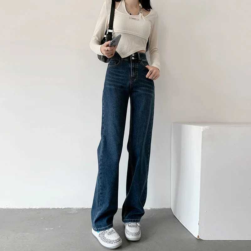 Womens Jeans Autumn High Waist Loose Straight Denim Pants Black Blue Fashion Korean Street Stretch Soft Comfortable TrousersT250319