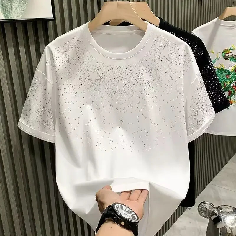Summer Rhinestone Rivet T-shirt for Men Clothing Round Neck Casual T-shirt Fashion High Street Mens Summer Short Sleeves 250319