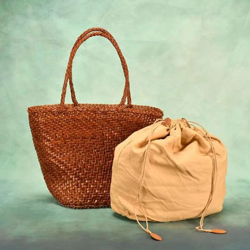 Made Braided Genuine Leather Cowhide Hand-Woven Vegetable Basket Women's Shoulder Retro Shopping Bag