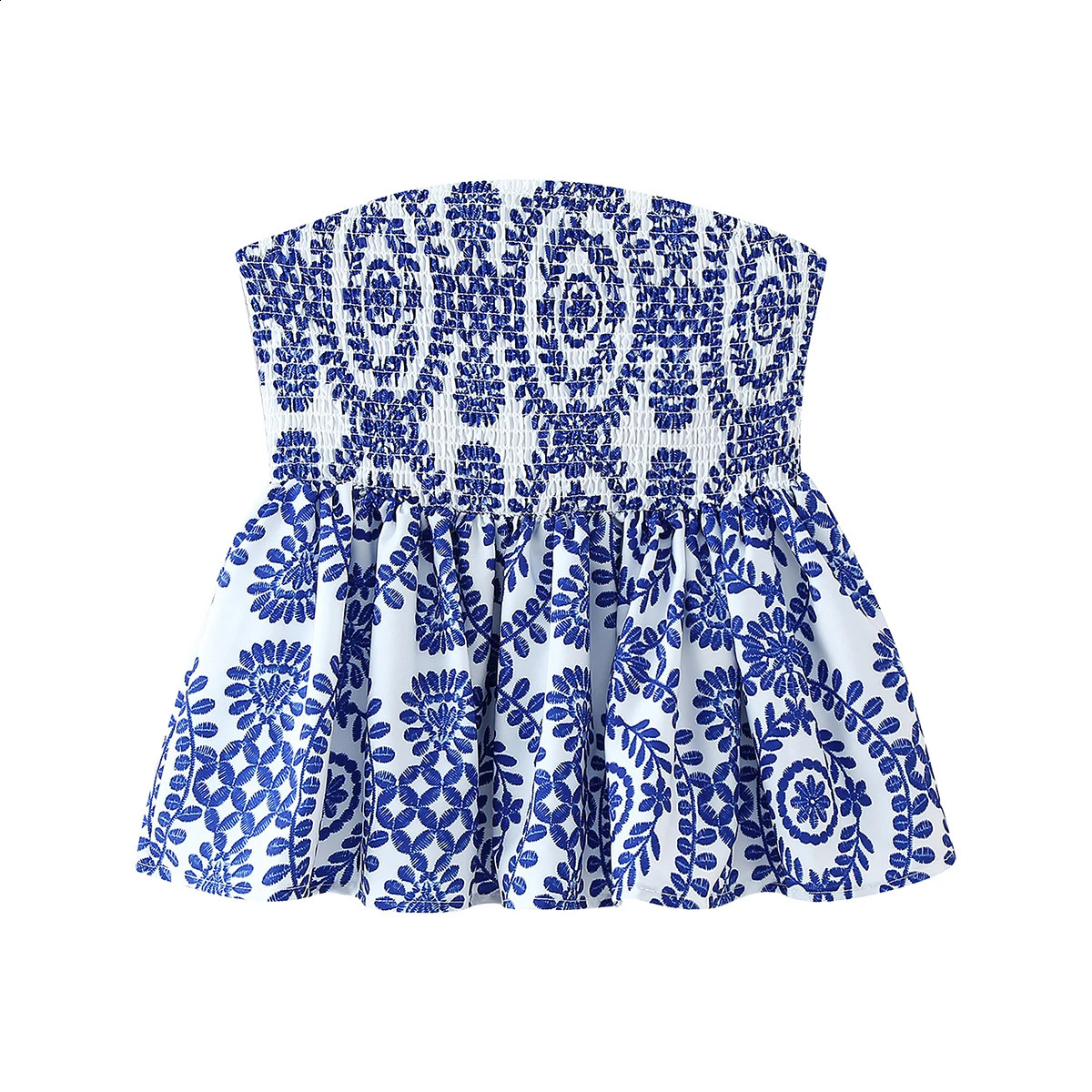 Printed floral crop top shirt strapless Camis ruffled bottom womens summer clothing 250319